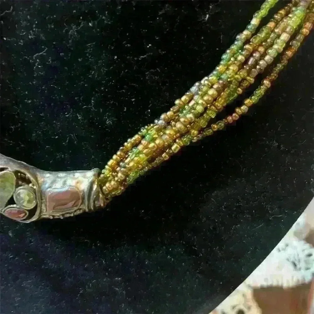 Vintage Multi-Strand Green Seed Bead Necklace w/ Enameled Rhinestone Enhancer